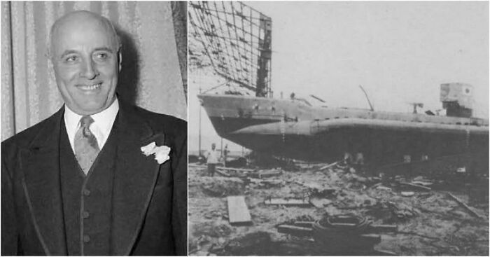 A split historical photo featuring a smiling man in a suit on the left, and a submarine under construction on the right, reminding us of days we will never experience.