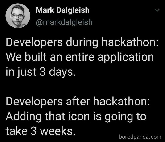 Programming meme showing developers’ fast hackathon progress contrasted with slow post-hackathon debugging struggle.