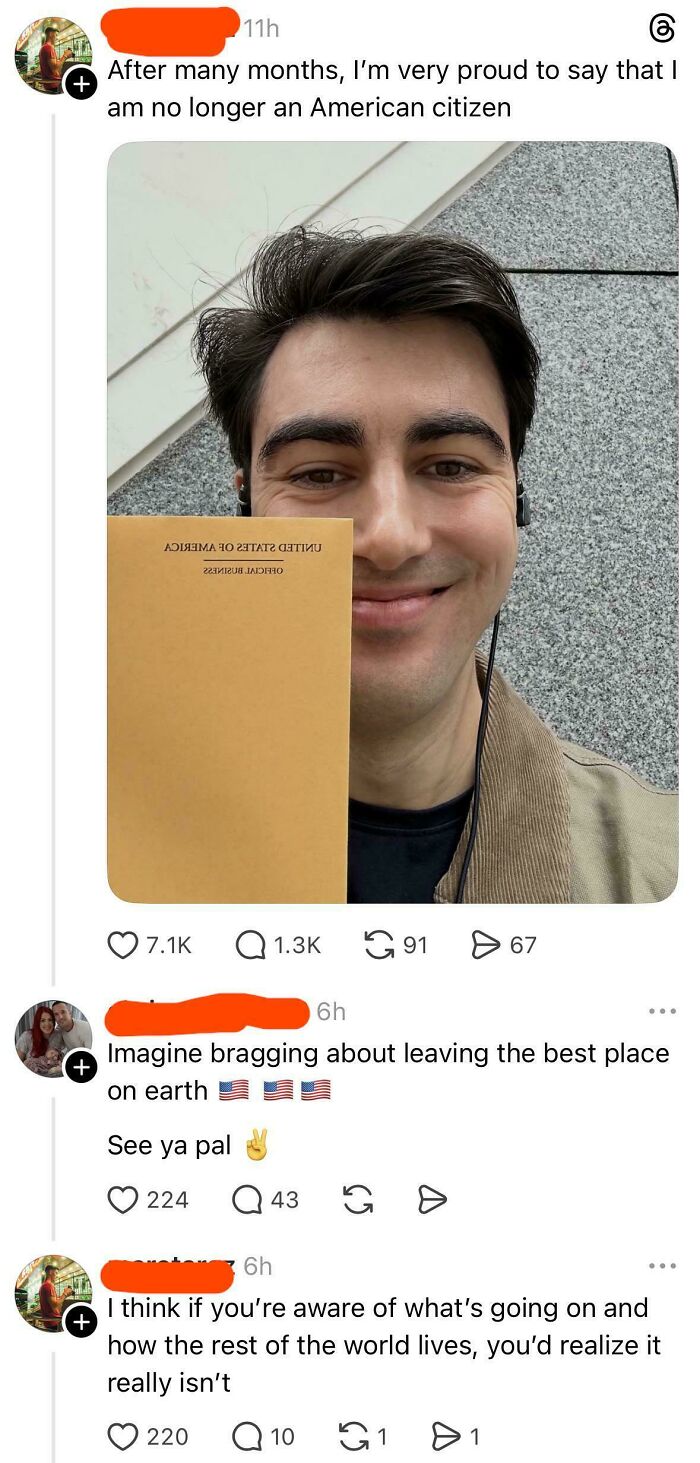 A man happily holding a document about leaving the US, illustrating Americans confidently posted national pride