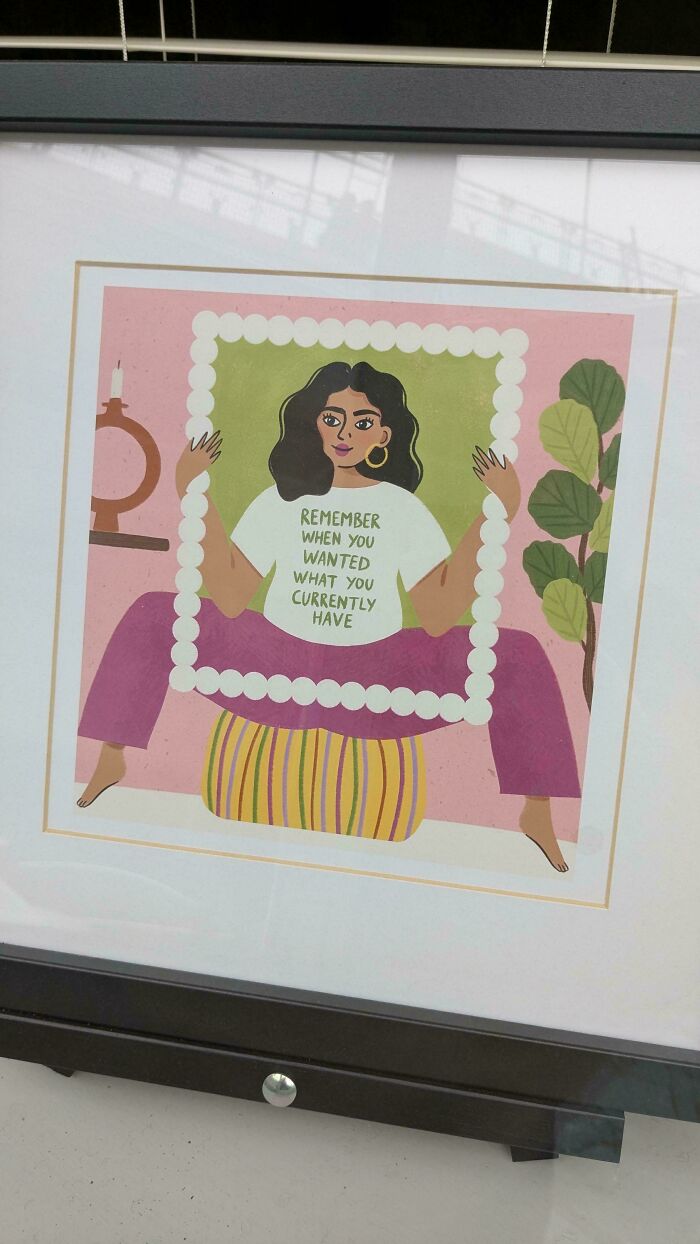 An illustration of a woman holding a frame with text, a visual commentary on insulting consumerism and perspective.