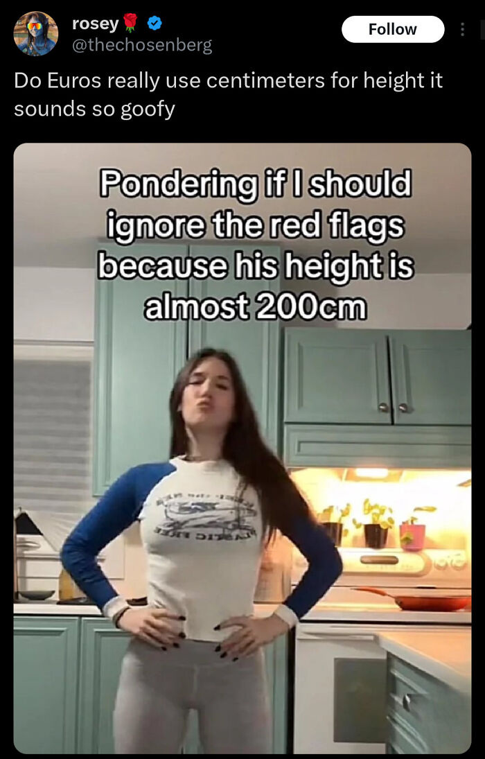 A girl posing in the kitchen next to a post about Americans confidently posted reactions to metric measurements