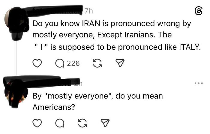 Social media thread with Americans confidently posted confusing pronunciation logic regarding Iran and Italy