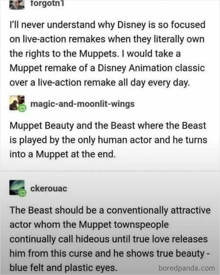Tumblr posts discussing a creative Muppet remake idea for Beauty and the Beast with unique characters and plot twists.