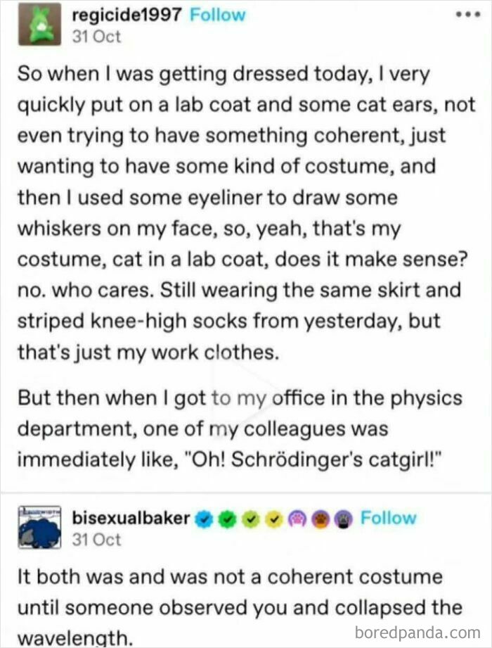 Tumblr post showing a humorous costume story involving a lab coat and cat ears, highlighting wild and unexpected Tumblr moments.