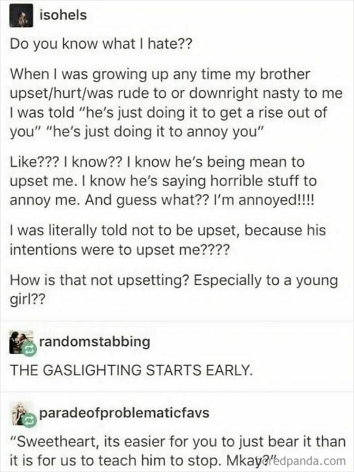Tumblr conversation showing early gaslighting experiences and emotional struggles shared in a heartfelt text exchange.
