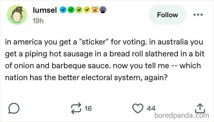 Tumblr post humorously compares voting rewards in America and Australia, showcasing wild and unexpected Tumblr content.