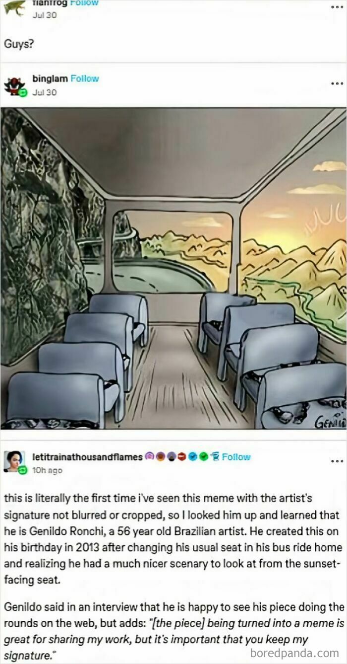 Illustration of empty bus seats facing opposite directions with rocky cliff and sunset view, Tumblr meme art.