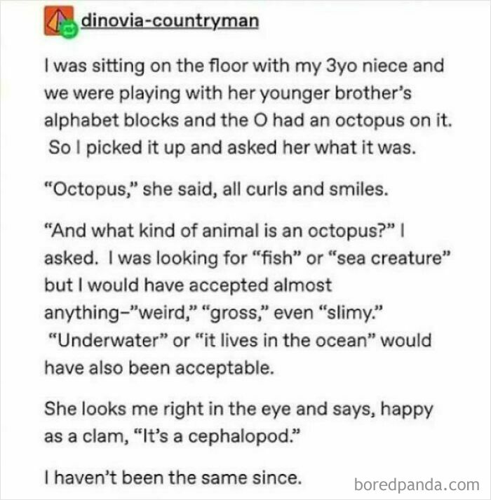 Tumblr post describing a child identifying an octopus as a cephalopod, showcasing a wild and unexpected Tumblr moment.