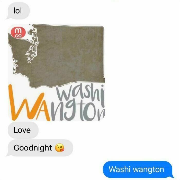 Text message conversation showing a humorous sign spelling error turning Washington into Washi wangton.