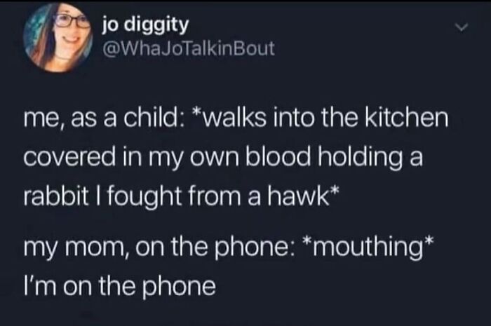 Tweet from jo diggity about a childhood story involving blood and a rabbit in unhinged and wild posts.