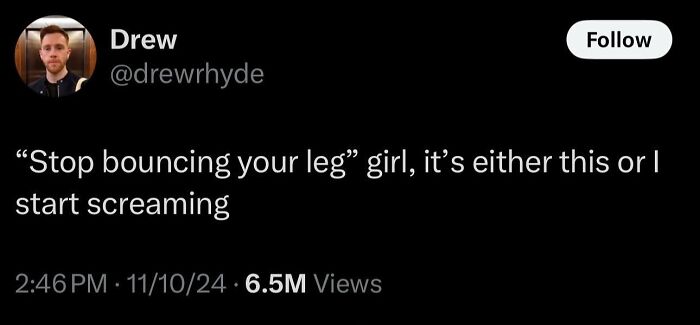 Screenshot of a wild post with 6.5M views, featuring a humorous and unhinged comment about bouncing legs and screaming.