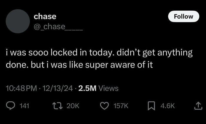 Tweet by user chase humorously describing being locked in all day and feeling super aware without getting anything done, highlighting unhinged and wild posts.