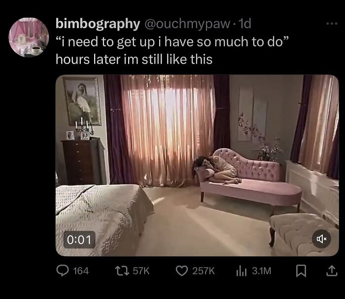Twitter post showing a person lying on a pink chaise lounge, reflecting unhinged and wild posts humor themed.
