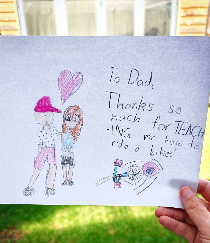 A child's drawing and thank you note to a great dad for teaching them to ride a bike. Wholesome and funny.