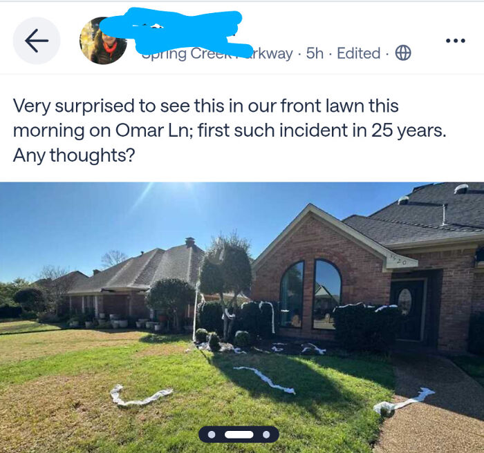 Hilarious neighborhood online community screenshot of a front lawn with toilet paper, a prank.