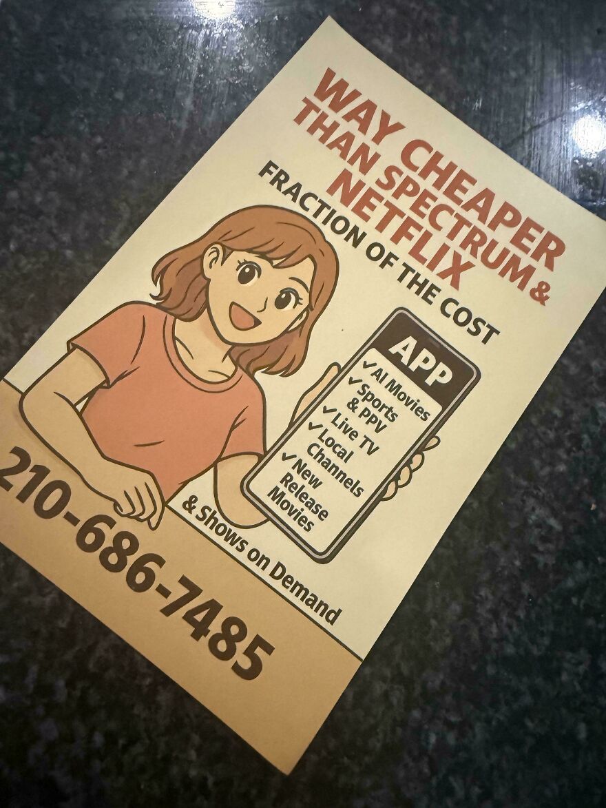 Flyer showing a cartoon woman holding a phone, advertising a cheaper app alternative to Netflix and Spectrum services.