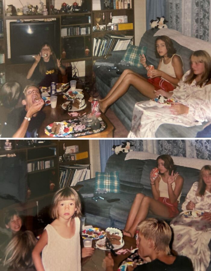 Group of kids eating cake in a living room showing hilariously awkward childhood pics and funny moments shared together.