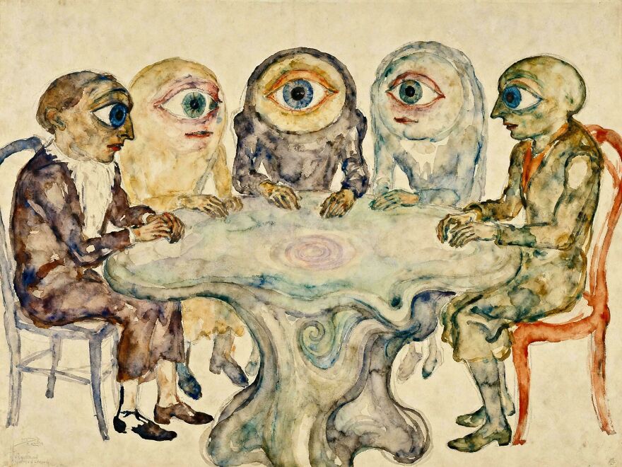 Watercolor painting of five surreal humanoid figures with large single eyes sitting around a swirling stone table, weird unexplainable scene.