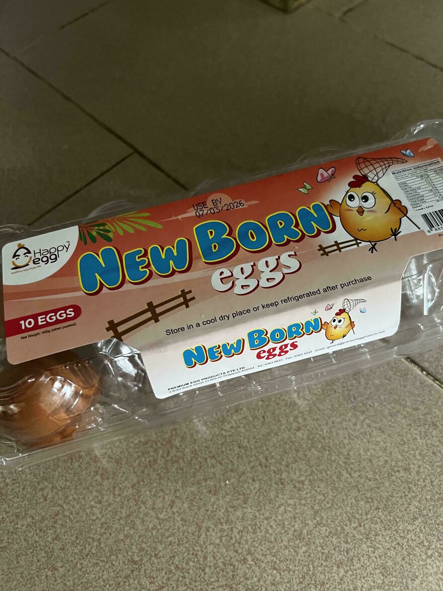Unexpected package of "New Born eggs" carton with a quirky design seen as a weird and unexplainable thing.
