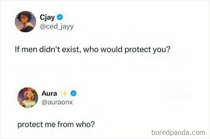 Alt text: Screenshot of a humorous unhinged post with a social media exchange about protection and existence of men.