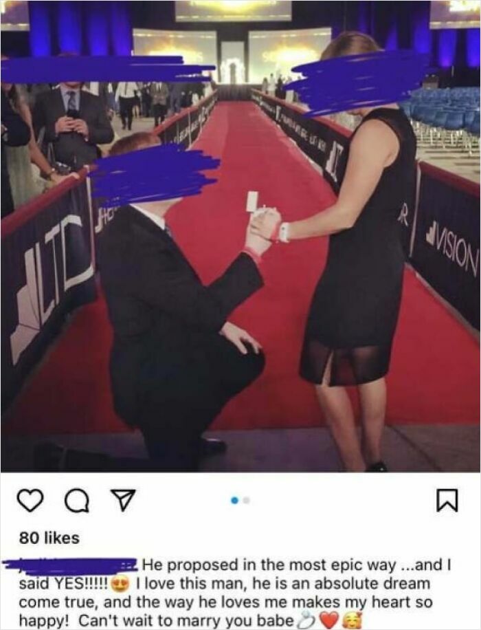 Man kneeling to propose on red carpet, a cringeworthy marriage proposal moment captured with a ring in hand.