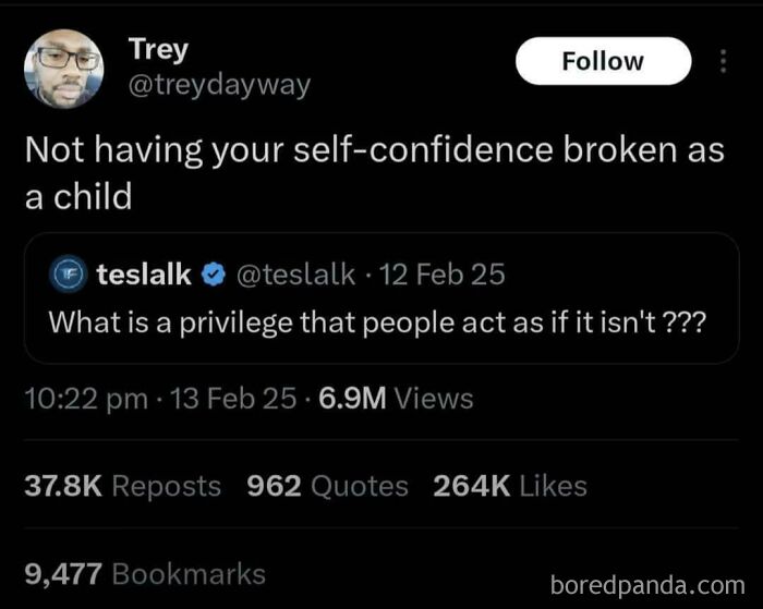 Tweet screenshot showing a funny and relatable meme about privilege and self-confidence with viral engagement stats.