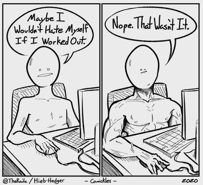 Two-panel comic meme showing a character at a computer, humorously addressing self-improvement in funny and relatable memes.