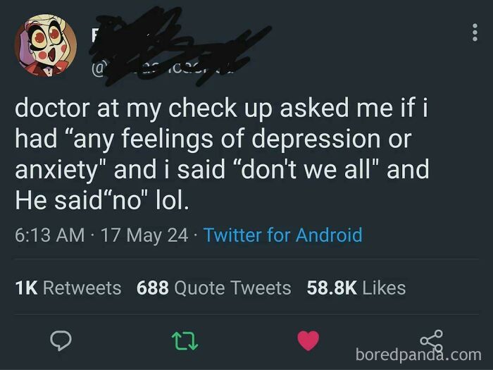 Tweet showing a funny and relatable meme about dealing with feelings of depression and anxiety humorously.