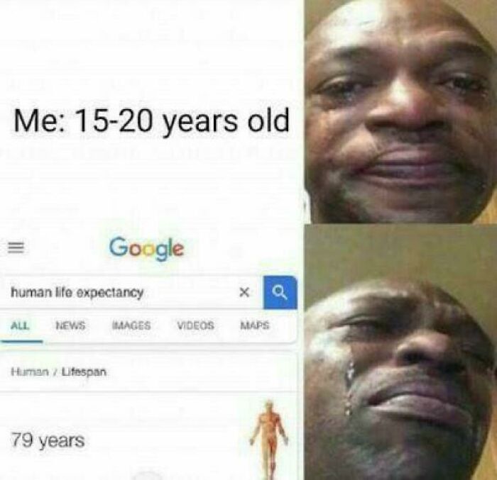 Man crying reaction meme paired with Google search for human life expectancy, highlighting funny and relatable memes.