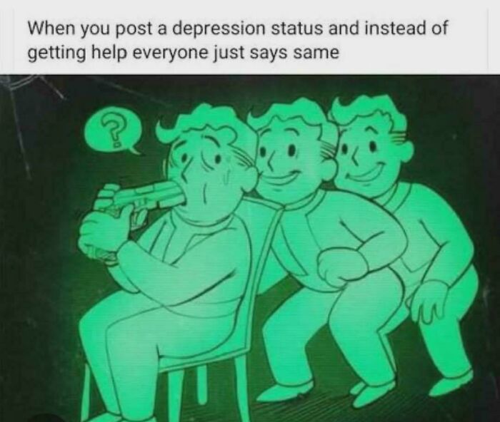 Cartoon characters in a funny and relatable meme about posting depression status and getting unhelpful responses online.