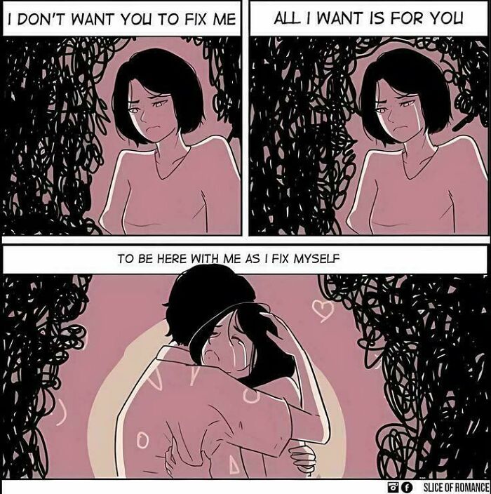 Illustration of a sad woman expressing self-healing needs in a relatable meme about dealing with problems.