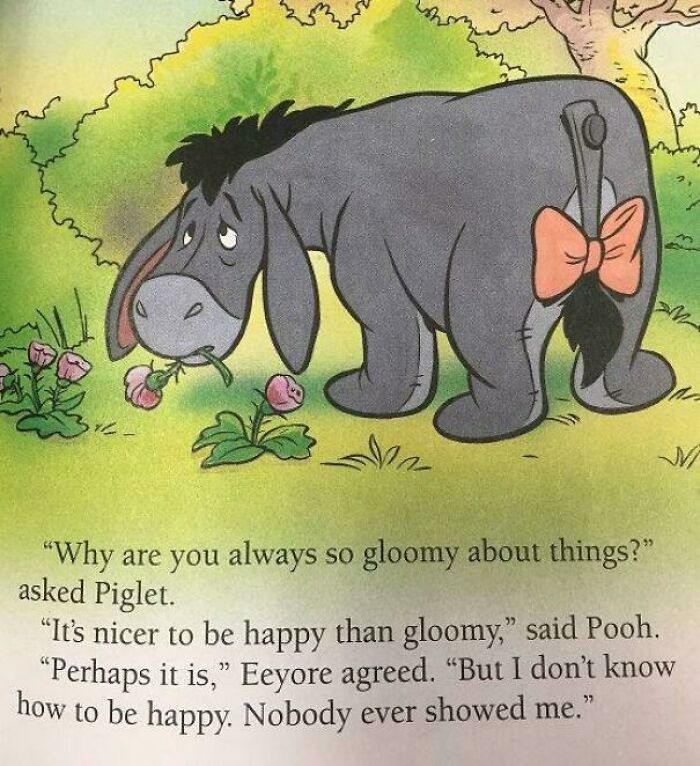 Eeyore looking gloomy with flowers in mouth, relatable funny meme about avoiding dealing with problems and sadness.