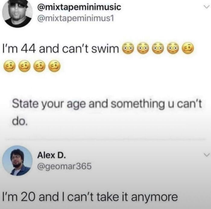 Social media meme showing funny relatable tweets about age and things people can't do for humorous scrolling.