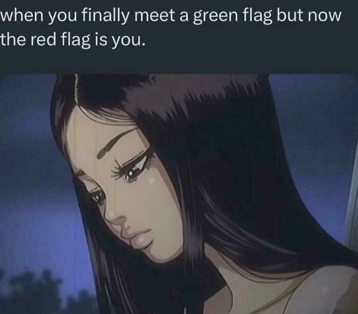 Sad anime girl with caption about green and red flags, a funny and relatable meme to scroll through instead of problems.