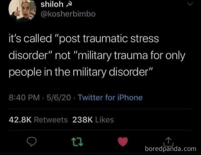 Tweet explaining post traumatic stress disorder is not just for military, featured in funny and relatable memes to scroll through.