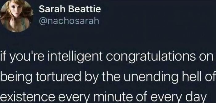 Screenshot of a funny and relatable meme about intelligence and the unending struggles of existence, shared on social media.
