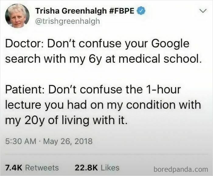 Tweet humor about medical advice and patient experience, part of funny and relatable memes to scroll through.