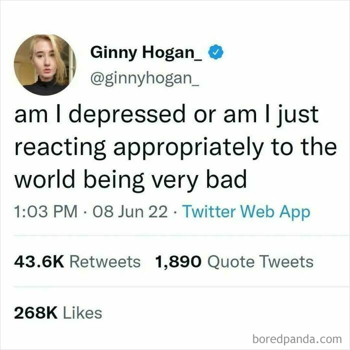 Tweet by Ginny Hogan questioning if feeling depressed is a relatable reaction, shared among funny and relatable memes.