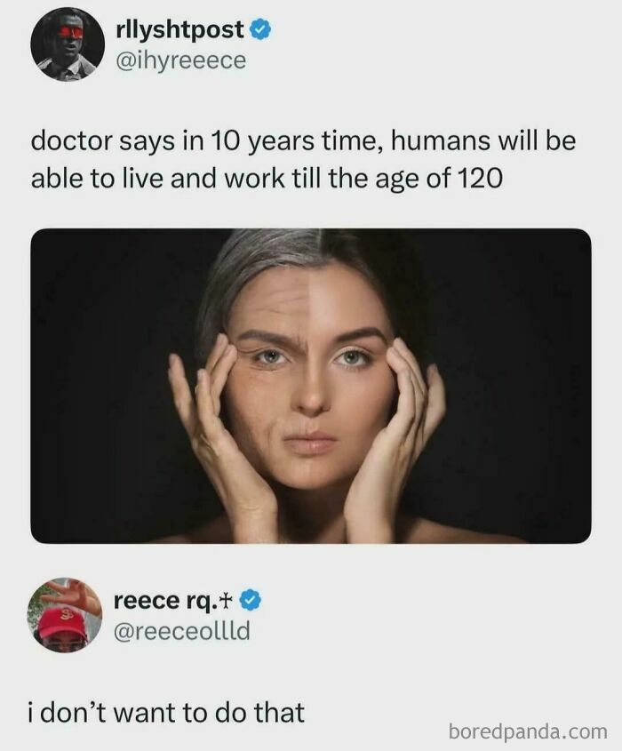 Tweet meme showing a woman half aged and half young, humorously relating to funny and relatable memes.