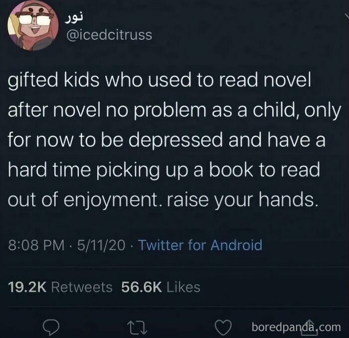 Funny and relatable meme about gifted kids struggling to enjoy reading now, perfect for memes to scroll through.