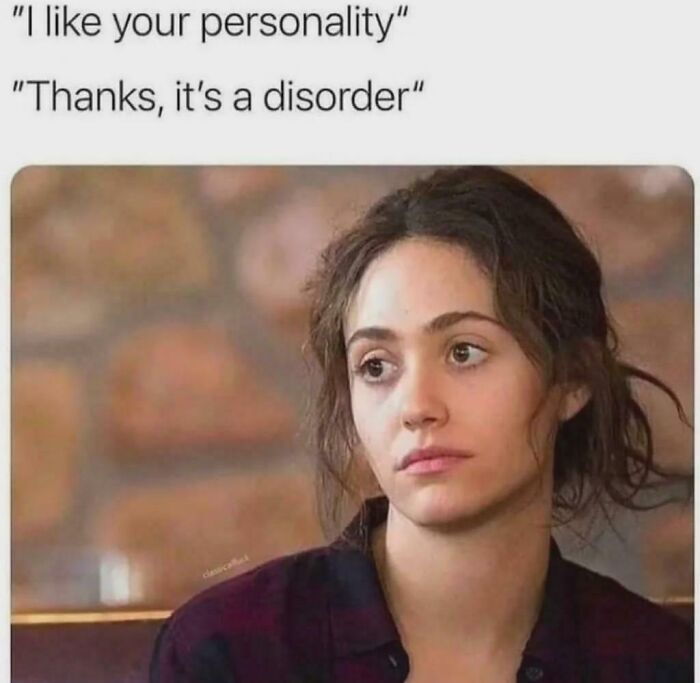 Young woman with a skeptical expression paired with a relatable meme about personality disorder humor for funny memes to scroll through.