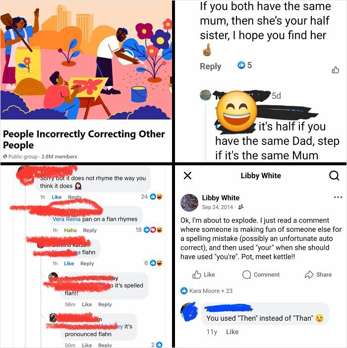 Screenshot collage of a Facebook group named People Incorrectly Correcting Other People with humorous comment corrections in a weird internet place.
