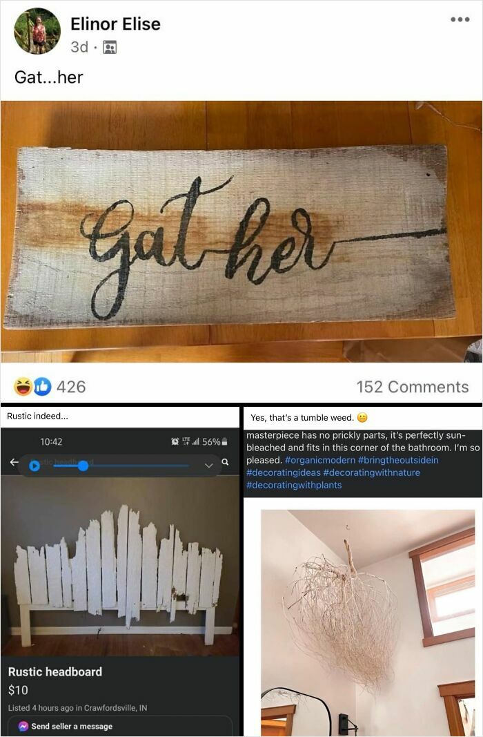 Screenshot of funny posts from Facebook groups showing quirky home decor, showcasing why people love weird internet groups.