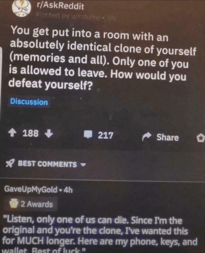 Reddit discussion about defeating an identical clone of yourself, featured in funny and relatable memes to scroll through.