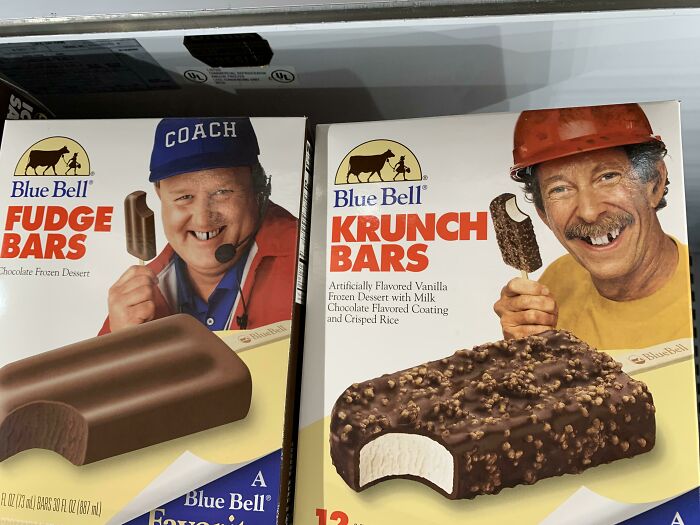 Blue Bell ice cream boxes with humorous images showing mild vandalism on the packaging for visual cheer up.