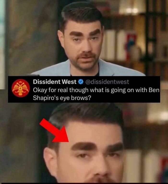 Ben Shapiro with comically large, unfortunate eyebrows that appear to be part of a bad haircut.