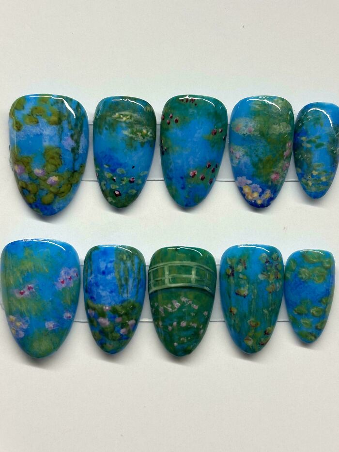 Set of blue and green DIY nail art designs inspired by nature and floral patterns, showcasing creative DIY wins.