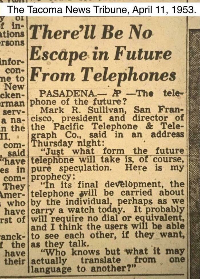Old newspaper clipping from 1953 discussing strange predictions about future telephones and time travel ideas.