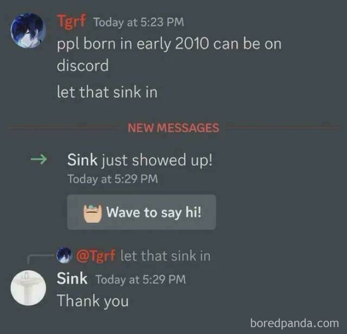 Discord chat showing a perfect username moment with user Sink popping up after being mentioned in conversation.