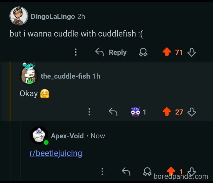 Online conversation where a user with the perfect username the_cuddle-fish replies to a cuddle request.